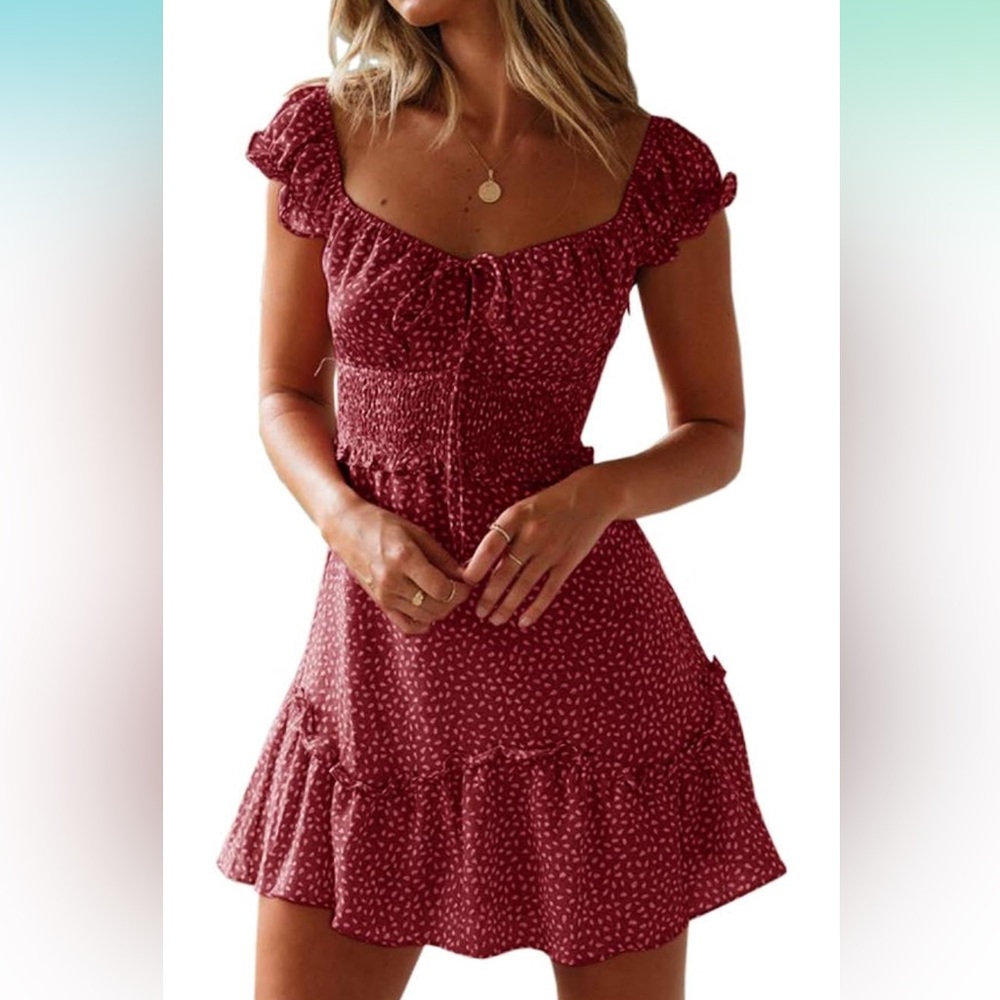 Never worn! Womens Smocked Dress Ruffle Floral Tie Front Boho Short Dresses